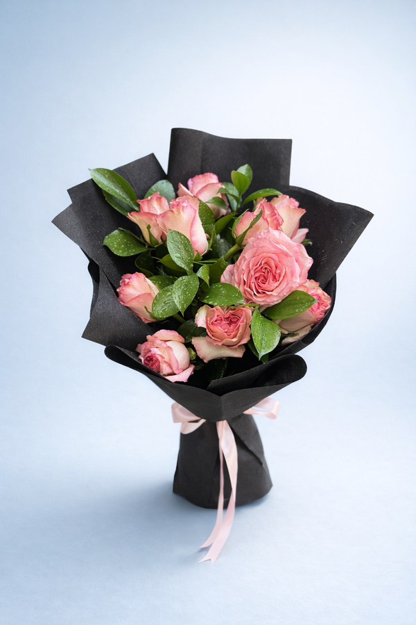 Pink Roses in Black Wrap