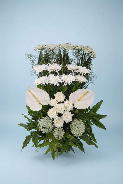Luxury flower bouquet on baby blue studio background