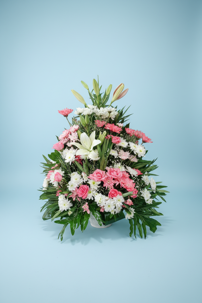 Professional flower bouquet on light blue studio background